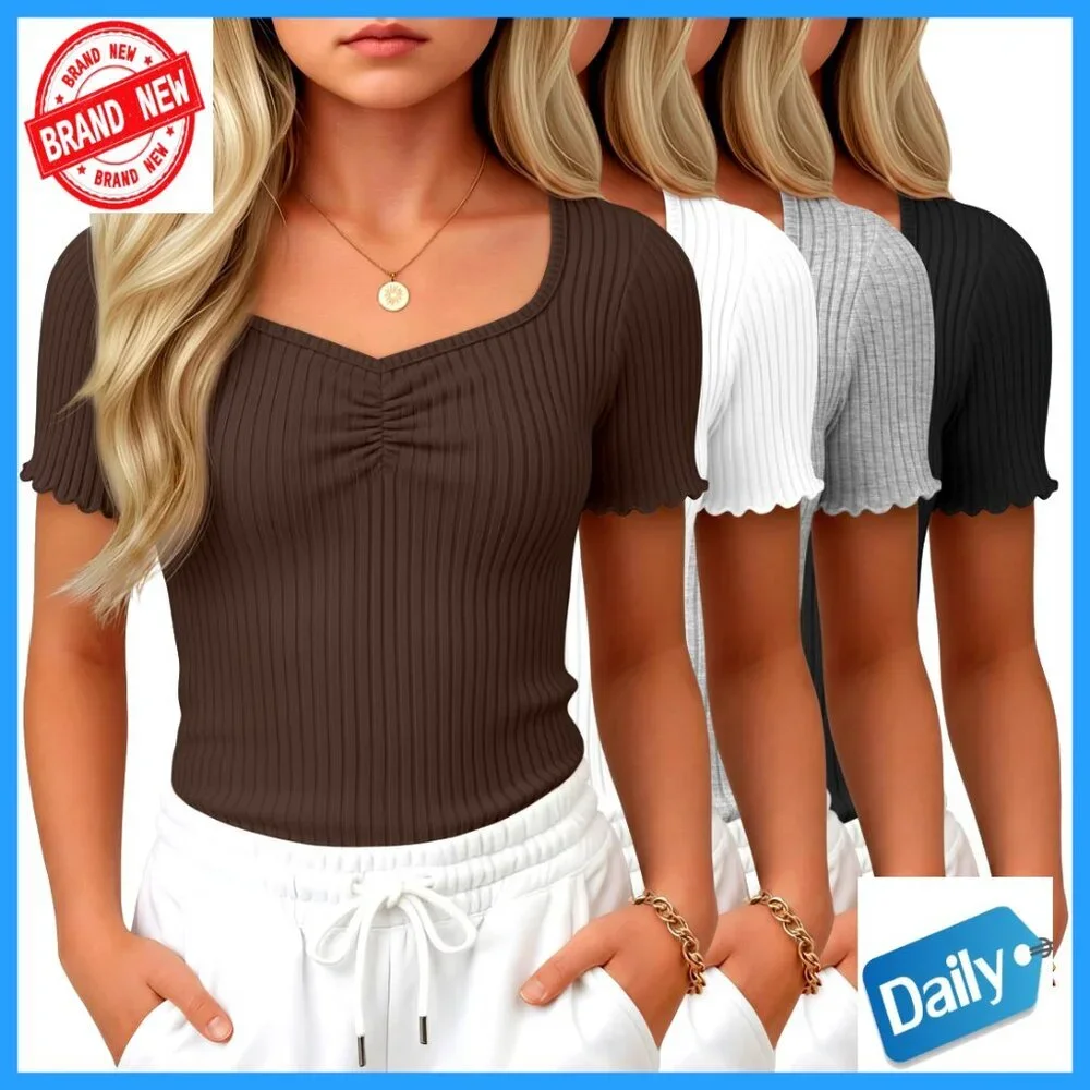 Girls Slim Fit V-Neck Tee 4 Pack Ribbed Lettuce Trim Sweetheart Neckline